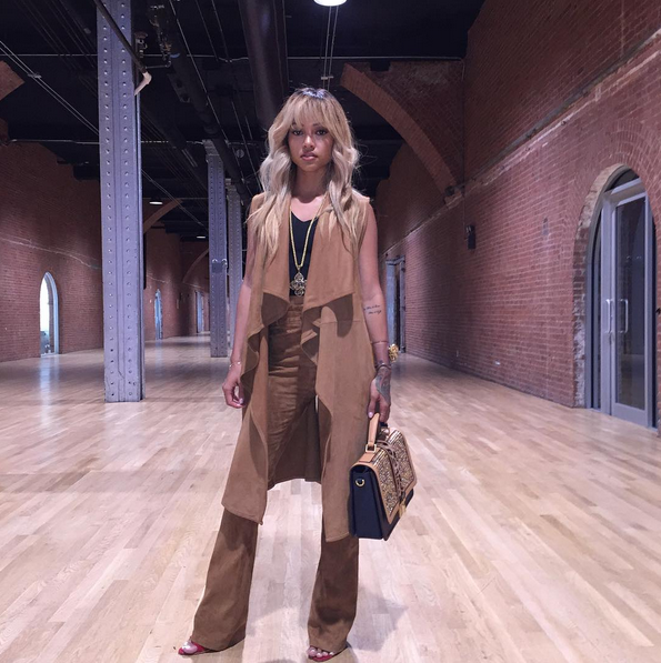1 Karrueche Tran's New York Fashion Week La Marque Brown Suede Elem Vest and the High Waisted Pants