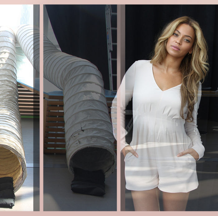 88 Beyonce's Birthday Exclusive for Intermix Lily Blush Pink Long Sleeve Romper + Her Chloe White Guipure Lace & Silk Crepon Blouse