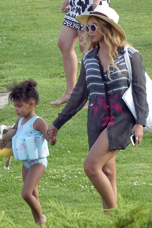 Beyonce's Italian Vacation We Are Handsome Striped Panther Scoop Neck One Piece and Avenger Sheer Printed Cover Up