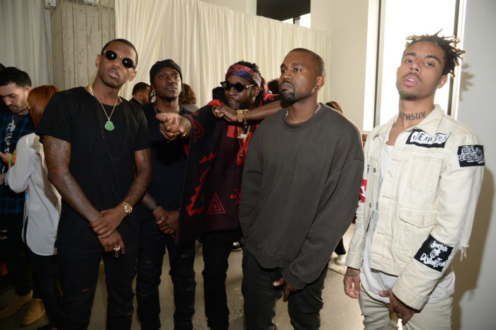 Fabolous, 2 Chainz, Kanye West and Vic Mensa attend Kanye West Yeezy Season 2 during New York Fashion Week at Skylight Modern on September 16, 2015 in New York City.