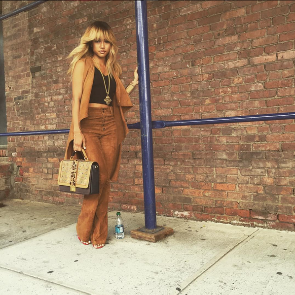 Karrueche Tran's New York Fashion Week La Marque Brown Suede Elem Vest and the High Waisted Pants