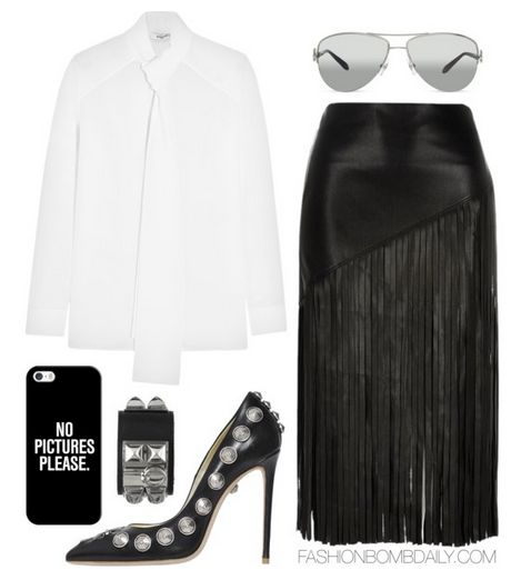 What to Wear Mercedes Benz Fashion Week 2015 Givenchy Pussy Bow Blouse River Island Fringe Pencil Skirt Fausto Puglisi 120mm Embellished Nappa Leather Pump