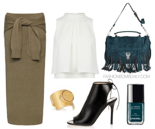 What to Wear Mercedes Benz Fashion Week 2015 Joseph Cashmere Knot Skirt Jimmy Choo Froze Nappa Leather Booties Proenza Schouler PS1 Medium Teal Fringed Suede Satchel