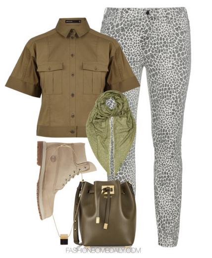 What to Wear on a Safari Karen Millen Utility Shirt Armani Collezioni Leopard Burnout Scarf Michael Kors Miranda Bucket Bag Timberland Boots