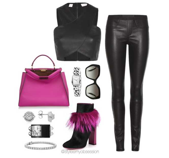 sass and bide leather crop top pants fuzzy pink boots what to wear with fendi bag