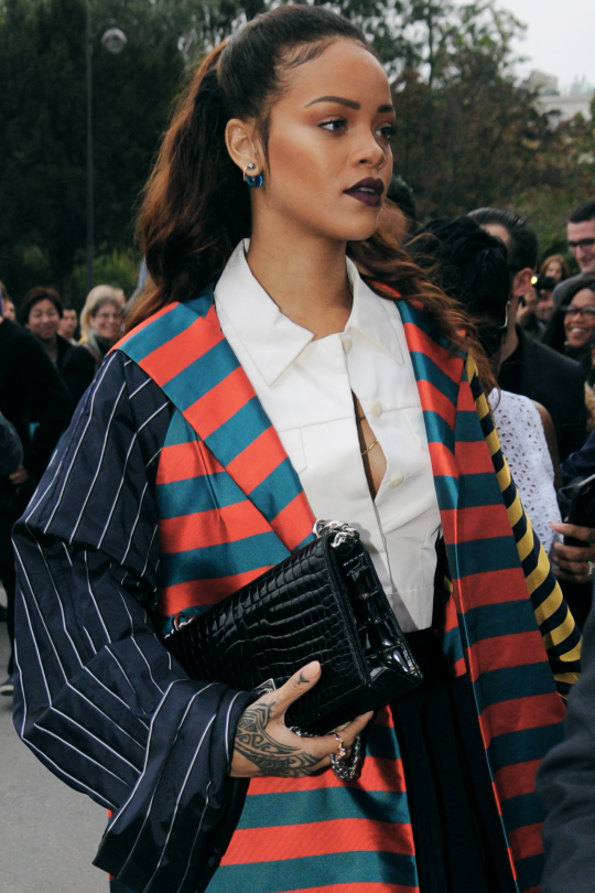 09 Rihanna's Paris Eiffel Tower Visit Dior Fall 2013 Red, Green, Black, and Yellow Multistripe Coat