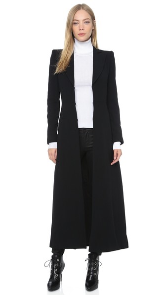090 Beyonce's New York City Dinner Alice + Olivia Janis White Button Down with Neck Tie, Black Leather Bell Bottom Pants, and Talia Pleated Back Long Coat