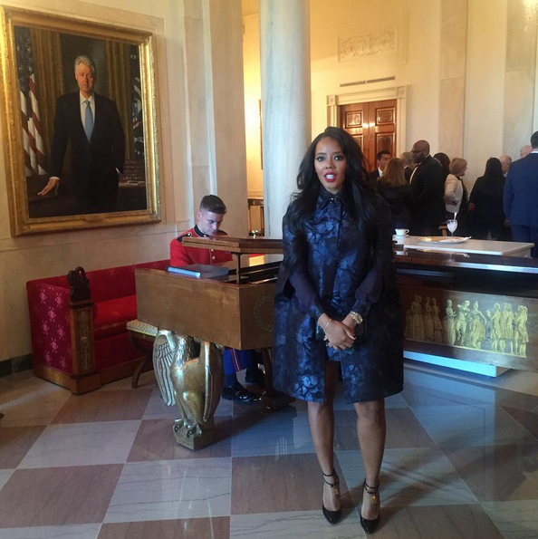 1 Angela Simmons's White House Better Make Room Announcement Valentino Navy Blue Butterfly Print Cape, Matching Dress, and Tom Ford Black Padlock Pumps