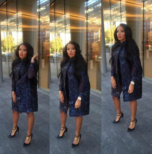 5 Angela Simmons's White House Better Make Room Announcement Valentino Navy  Blue Butterfly Print Cape, Matching Dress, and Tom Ford Black Padlock Pumps