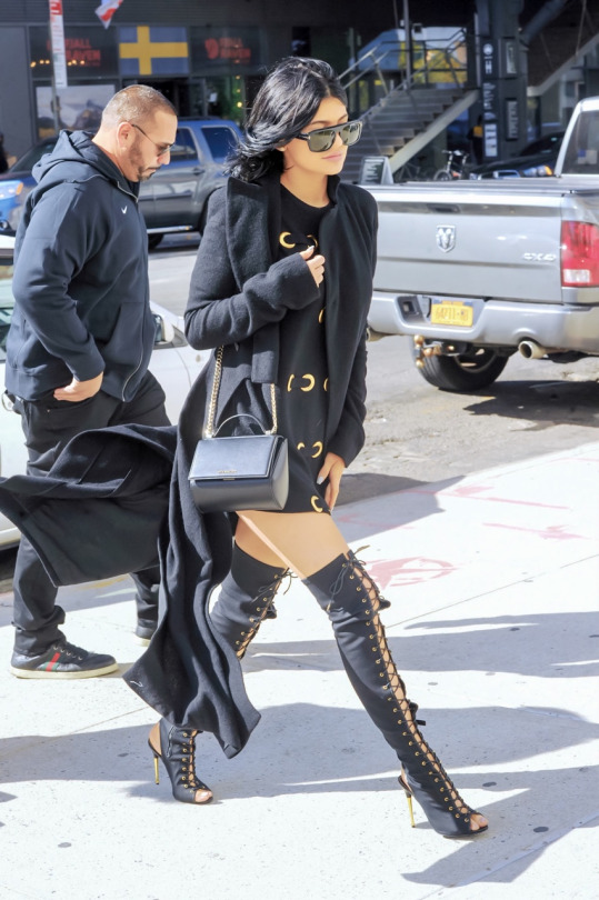 5 Kylie Jenner's New York City Haider Ackermann Wool Coat, Vintage Dress, and Tom Ford Thigh High Lace Up Boots