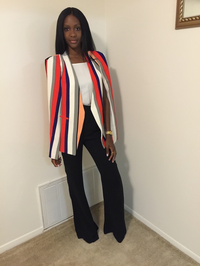 @s0clothesminded_ gave the look a dressy spin with a striped blazer and black pants