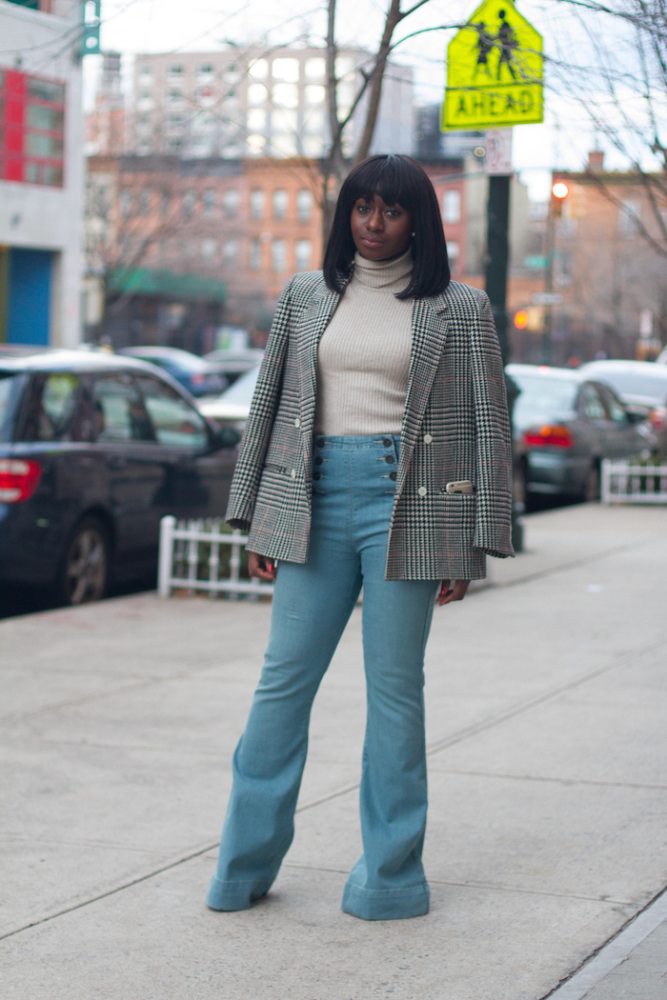 Christina from @JustMissedtheRunway , 'I've paired the pants with a turtleneck and menswear Brooks Brothers blazer I scored at a thrift store!'