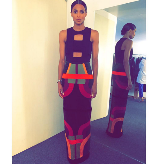 Ciara's Instagram Tom Ford Fall 2015 Cut Out Red, Purple, Yellow Dress