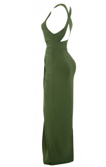 Lala Anthony's Father's Wedding House of CB Olive Green Crista Long Halter Maxi Dress