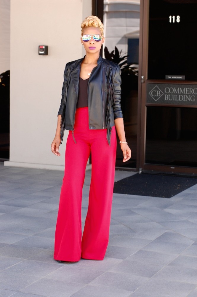 Young at Style worked flared pants in lipstick red
