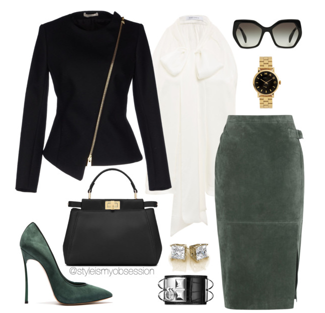 what to wear fall 2015 prabal gurung pussybow blouse green suede pencil skirt casadei pumps