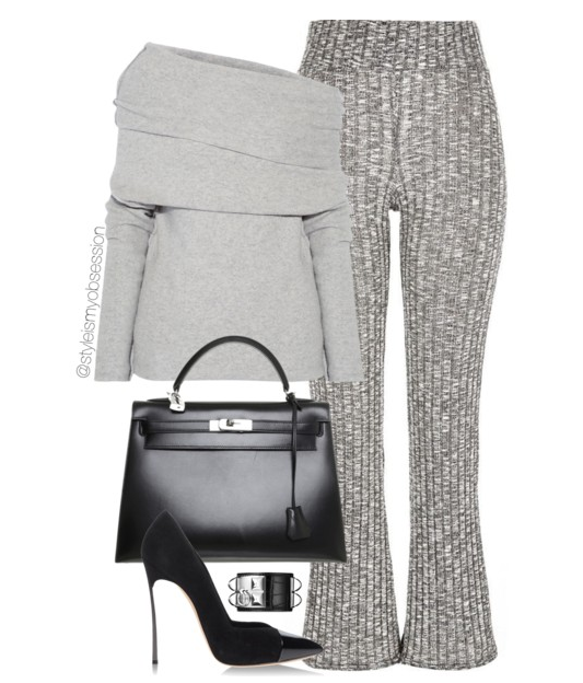 what to wear with joseph off the shoulder gray sweater river island marled gray flared pants