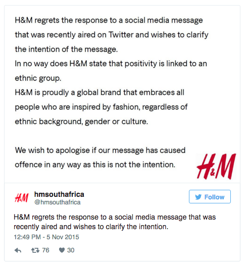 0 0 H&M South Africa Implies White Models Convey a More Positive Image; Issues an Apology Shortly Thereafter