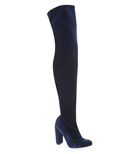 3 ihanna's New York City Ulla Johnson Pink Fur Coat and Kurt Geiger Carvela Navy Blue Velvet Thigh High Boots