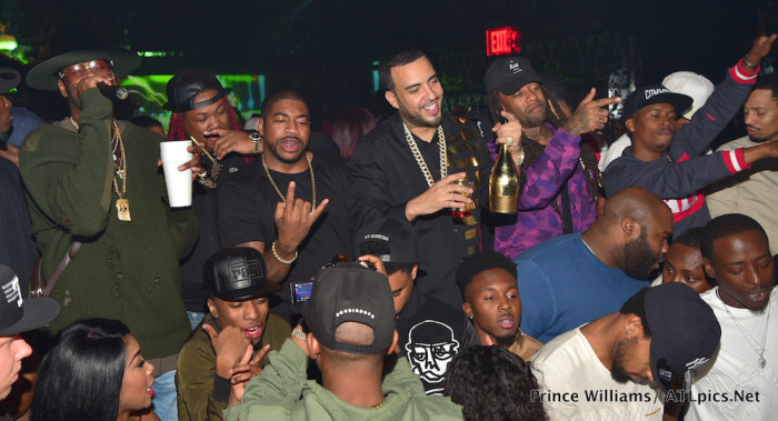 French Montana's DJ Holiday Compound Birthday Moschino Black Logo Printed Button Down Shirt + 2 Chainz's Yeezy Green Patch Destroyed Sweater