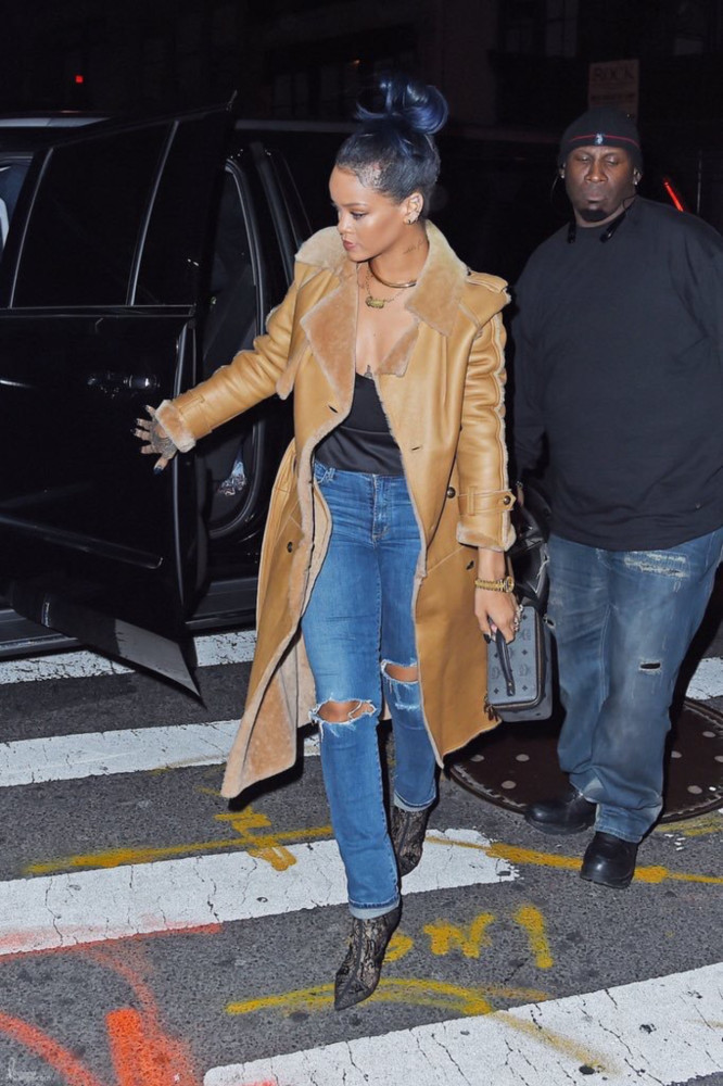 Rihanna's New York City Ulla Johnson Pink Fur Coat and Kurt Geiger Carvela Navy Blue Velvet Thigh High Boots + Her 40:40 Club