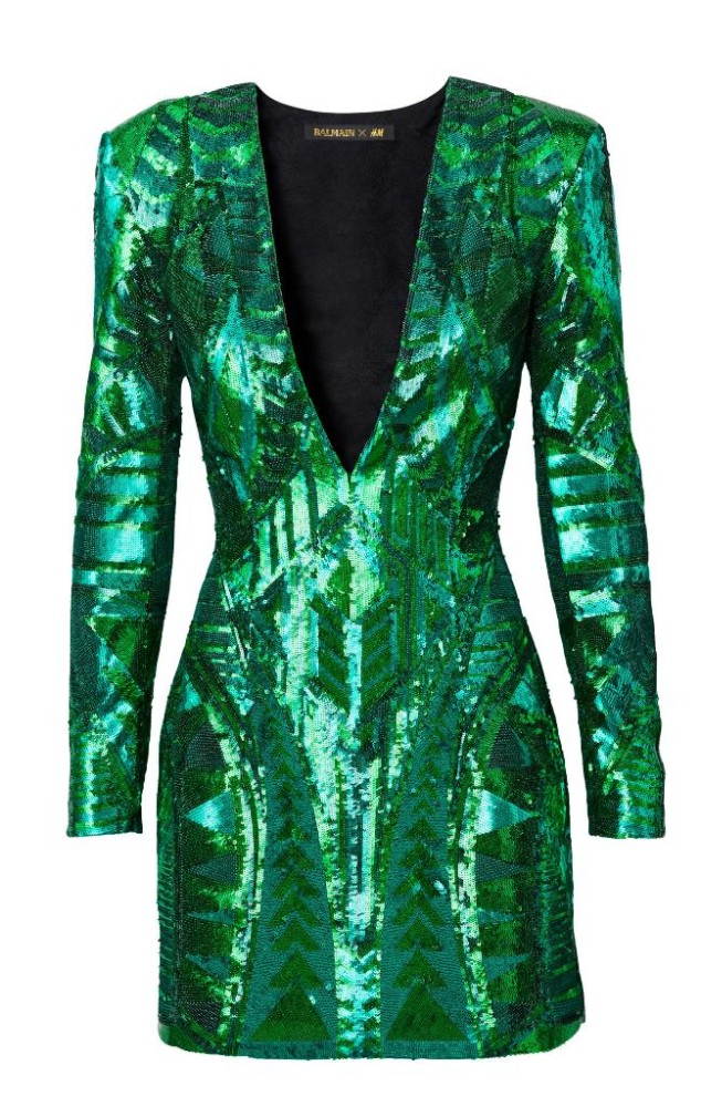 balmain-x-hm-green-sequin-mini-dress-long-sleeve-v-neck