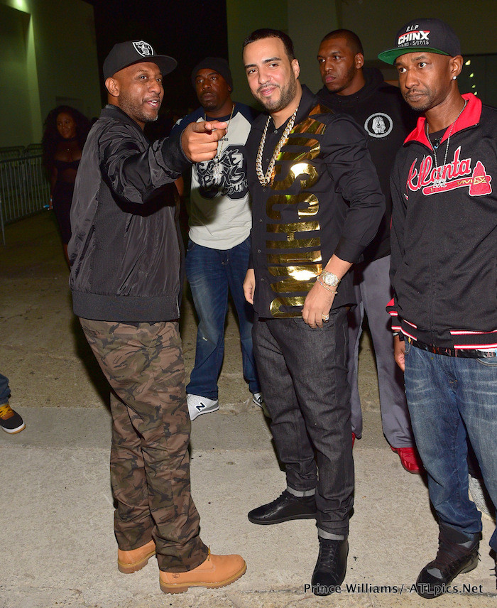 french montana French Montana's DJ Holiday Compound Birthday Moschino Black Logo Printed Button Down Shirt + 2 Chainz's Yeezy Green Patch Destroyed Sweater