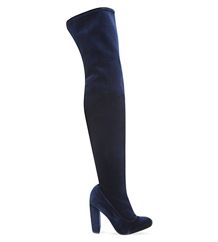 ihanna's New York City Ulla Johnson Pink Fur Coat and Kurt Geiger Carvela Navy Blue Velvet Thigh High Boots