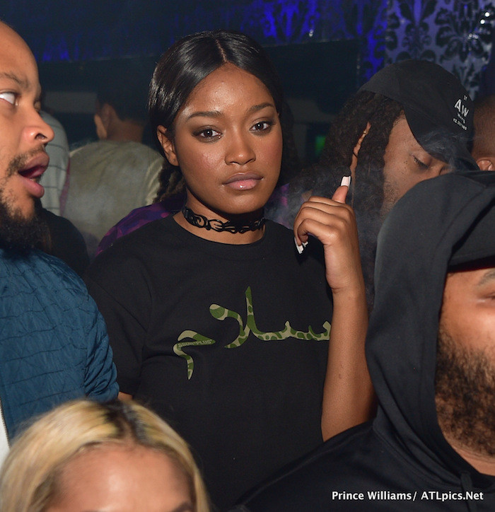 keke palmer French Montana's DJ Holiday Compound Birthday Moschino Black Logo Printed Button Down Shirt + 2 Chainz's Yeezy Green Patch Destroyed Sweater