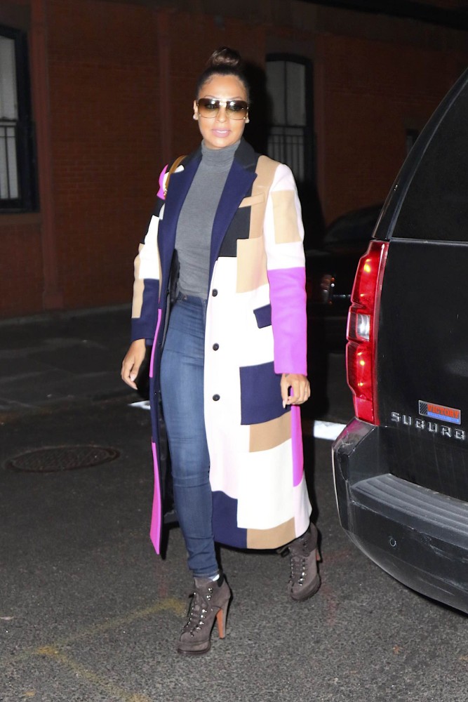 Lala Anthony's New York City MSGM Pink, Tan, Black, and Gray Fall 2015 Patch Coat