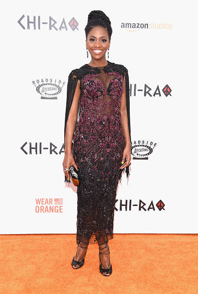 Teyonah Parris's Chiraq Premiere Marchesa Fall 2015 Red and Black Embellished Dress