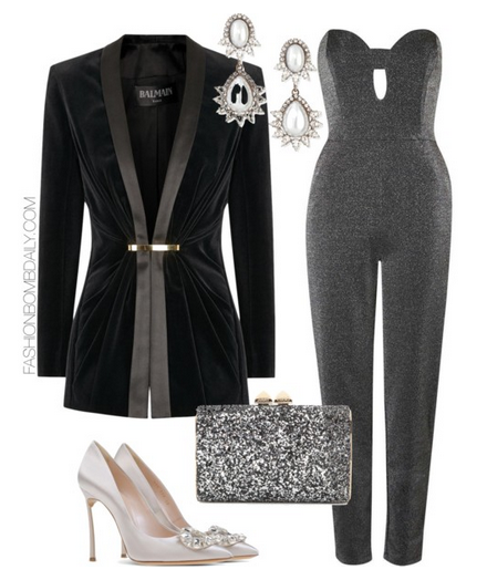 What to Wear to a Holiday Party 2015 Balmain Black Velvet Ruched Blazer Topshop Bandeau Tapered Jumpsuit Casadei Closed Toe Pump Jimmy Choo Mini Charm Glitter Clutch