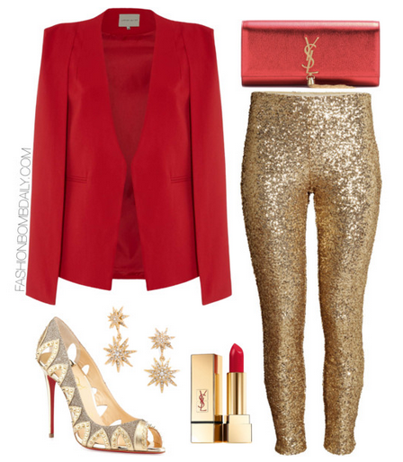 What to Wear to a Holiday Party 2015 H&M Sequined Trousers Lavish Alice Red Cape Blazer Christian Louboutin Pinder City Spiked Red Sole Pump Saint Laurent Clutch