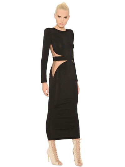 balmain-black-stretch-viscose-sheer-back-knit-dress