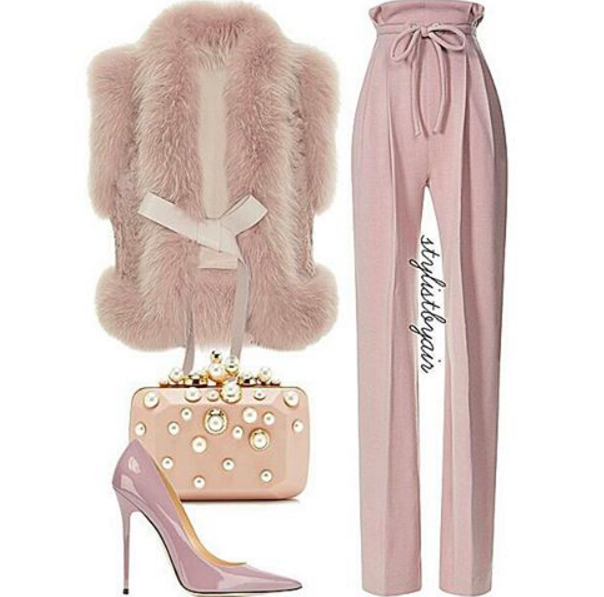elie saab pink fur vest pink high waisted pants jimmy choo pink pumps