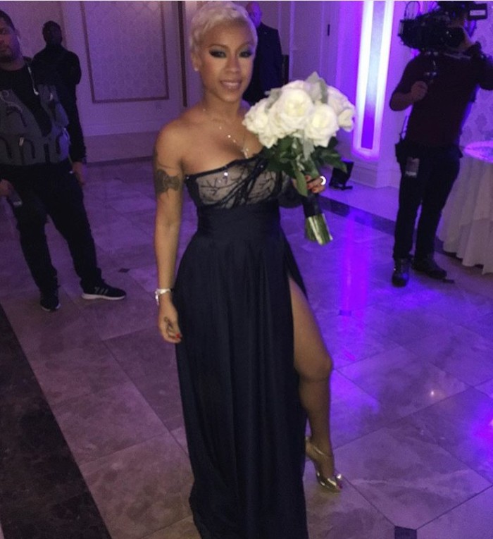 Crooner Keyshia Cole posed perfectly in a black gown at Remy Ma and Papoose's wedding.