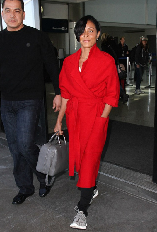 1  Jada Pinkett-Smith's LAX Red Sportmax Belted Coat and Adidas x Kanye West Yeezy Boost Sneakers