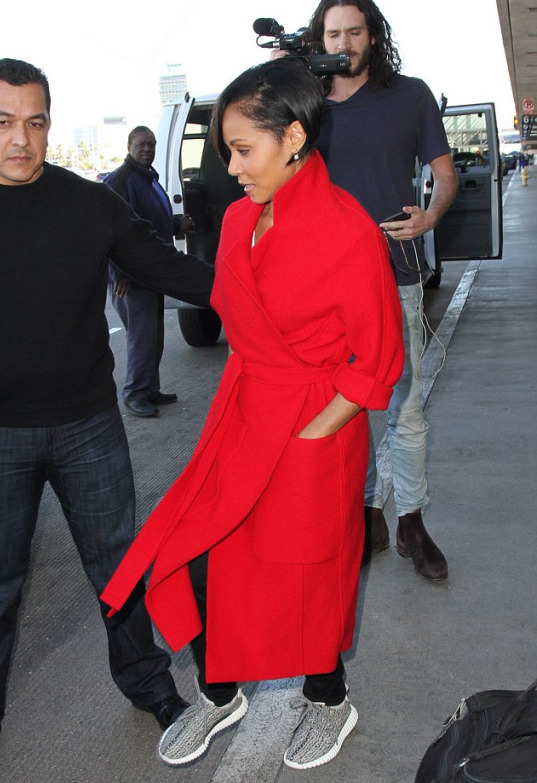 4  Jada Pinkett-Smith's LAX Red Sportmax Belted Coat and Adidas x Kanye West Yeezy Boost Sneakers