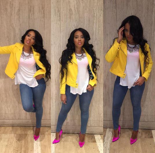 Angela Simmons's Jojo Simmons Baby Shower Vince Camuto Yellow Moto Jacket and Brian Atwood Pink Silk Pumps