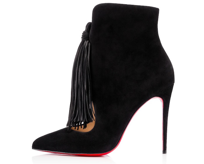 Christian Louboutin ottocarl 100mm Black Suede Pointed Toe Fringe Ankle Boots