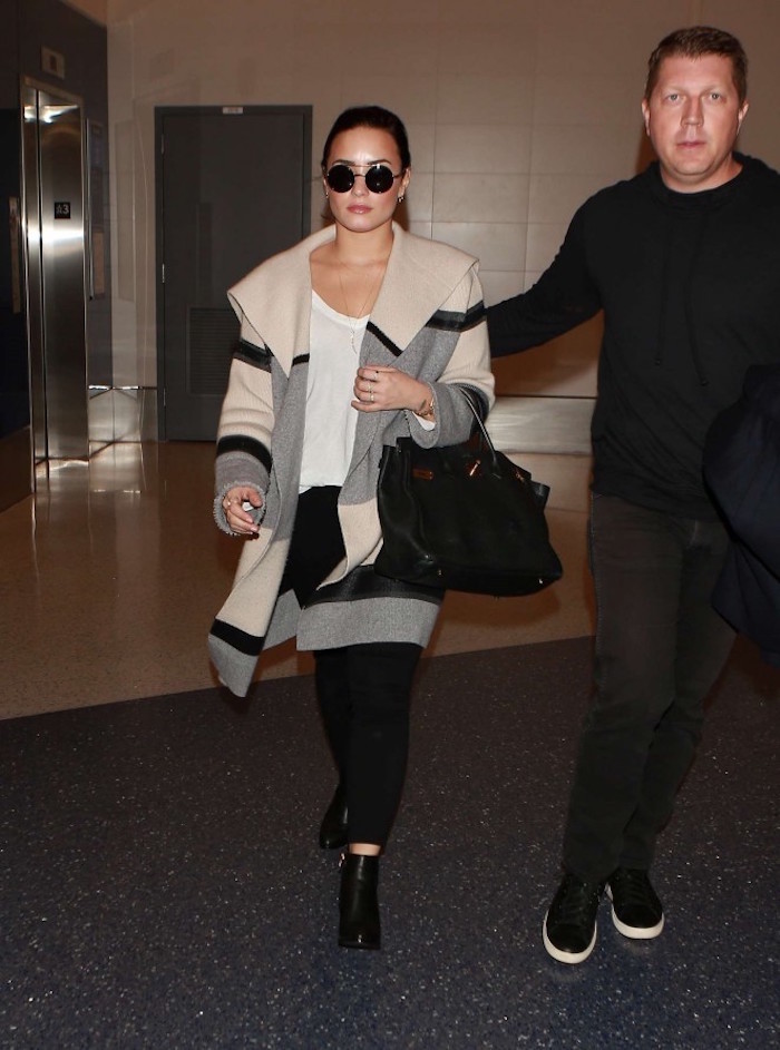 Demi Lovato's LAX Airport Vince Colorblock Wide Collar Wool Cashmere Coat And Alexander Wang Gabi Cutout Heel Rosegold Tone Inset Leather Boots