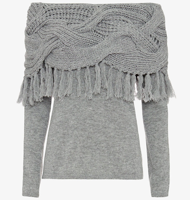 Lala Anthony's Instagram Intermix Exclusive Fringed Gray Off the Shoulder Sweater