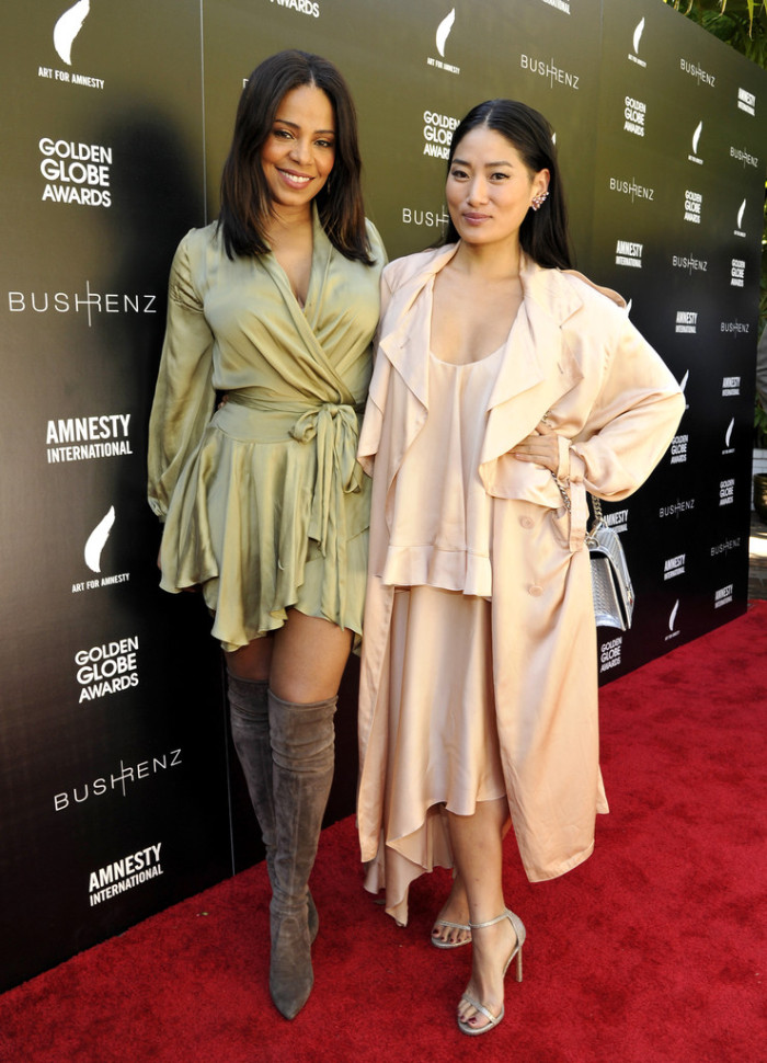 Sanaa Lathan's Art For Amnesty Pre-Golden Globes Recognition Brunch Zimmermann Olive Ruffle Wrap Empire Dress and