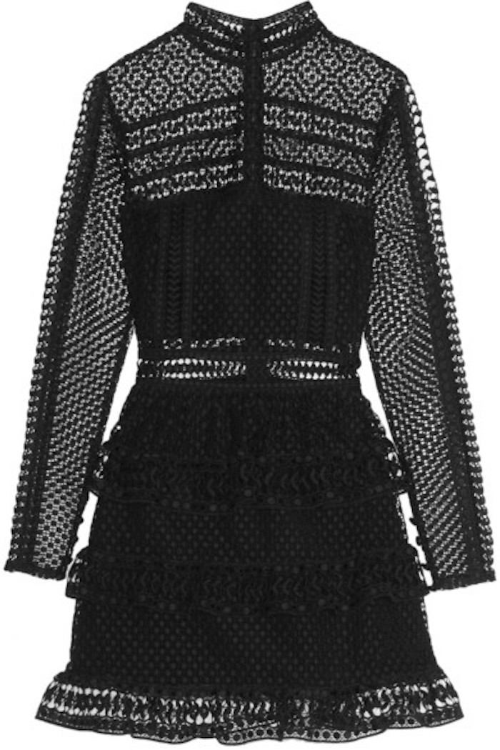 Self Portrait Black High Neck Tiered Lace Long Sleeve Mini Dress 1