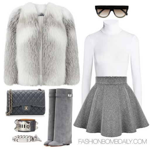 What to Wear Style Inspiration Winter 2016 Four Fab Weekend Looks Harrods of London Fox Fur Cape Wolford Colorado Bodysuit Givenchy Shark Lock Boot Chanel Classic Jumbo Double Flap Bag