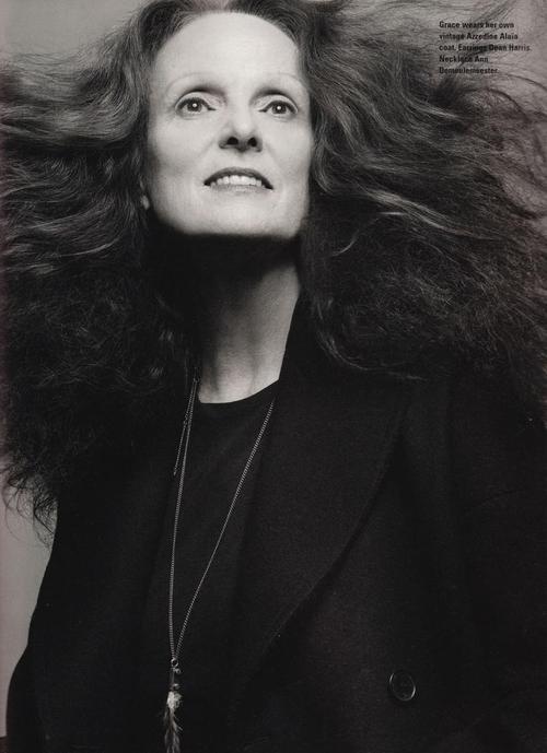 The famous fashion model Grace Coddington poses at the door to