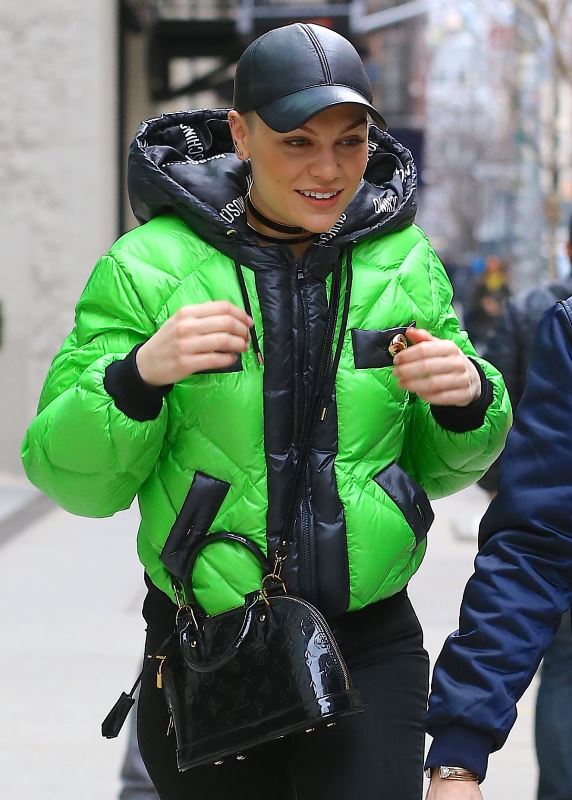 Splurge: Jessie J's New York City Moschino Green and Black Puffer Jacket  and Louis Vuitton Black Alma BB Monogram Vernis Bag – Fashion Bomb Daily