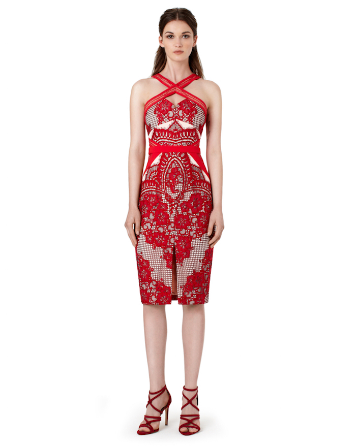 three-floor-red-lace-mesh-front-slit-crossover-neck-midi-dress
