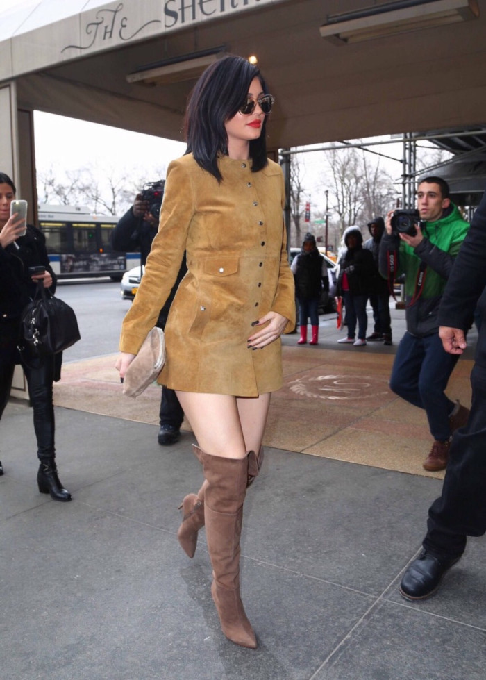 1 Kylie Jenner's Isabel Marant Suede Button Jacket Dress and Schutz Brown Over the Knee Boots