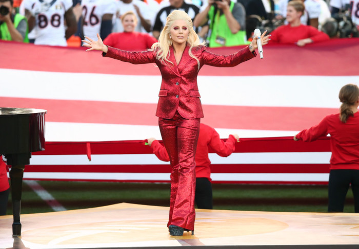 1 Lady Gaga Sings the National Anthem at Super Bowl 50 in a Gucci Red Sparkly Pants Suit